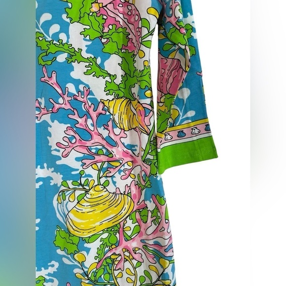 Barbara Gerwitt by Tabitha Blue Pink Green Sea Scene Slit Neck Shift Dress - Picture 10 of 10